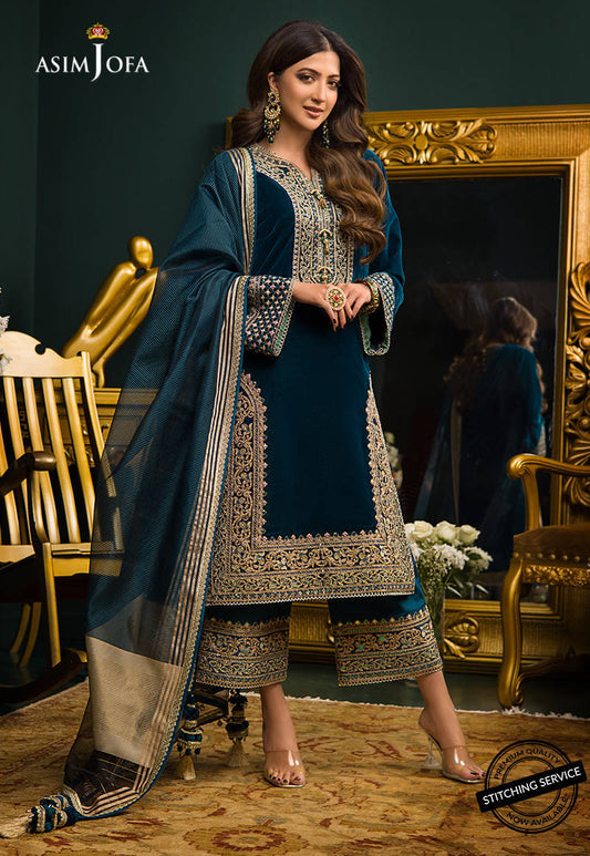 KY300 3PC Velvet Embroidered Shirt With Organza Dupatta