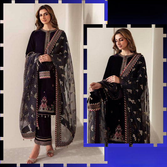 KY952 3-Piece Embroidered Velvet Suit Embroidered Organza Dupatta
