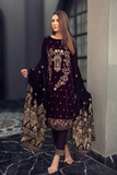 KY 7445-3PC Velvet Embroidered Dress With Embroidered Velvet Shawl
