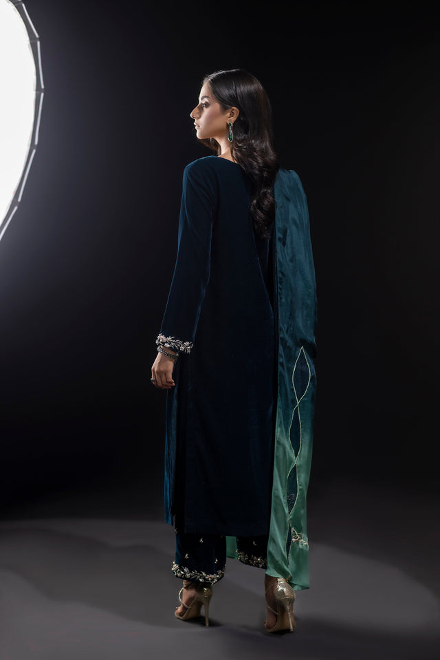 KY 7002 Embroidered Velvet Dress with Embroidered Karandi Shawl