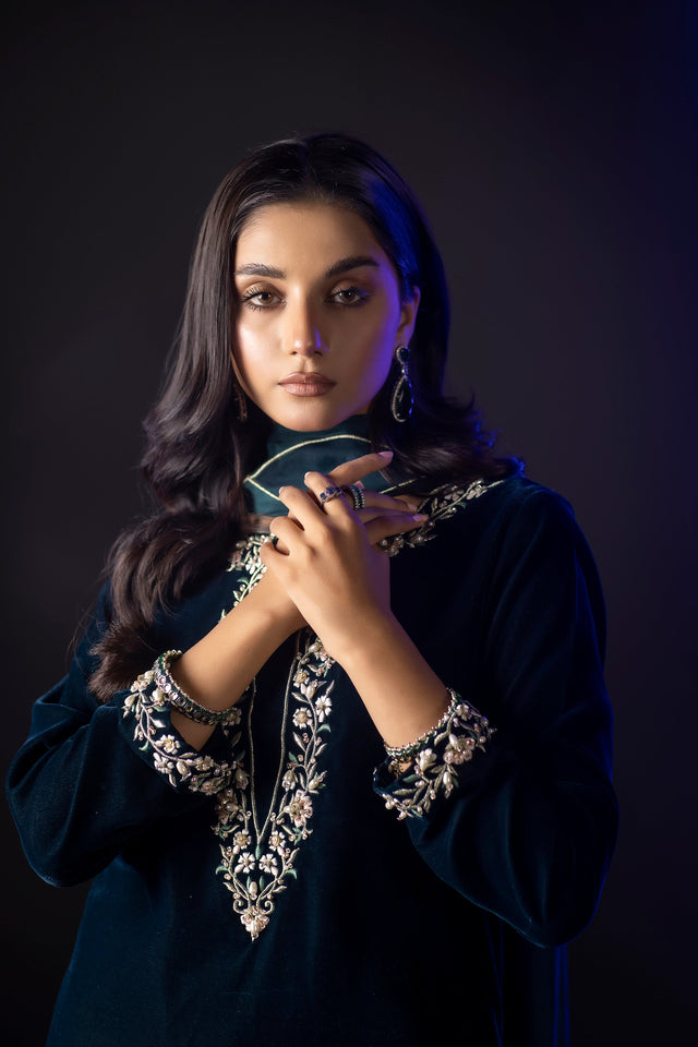 KY 7002 Embroidered Velvet Dress with Embroidered Karandi Shawl