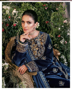 KY959-3PCs Embroidered Velvet With Embroidered Chiffon Dupatta