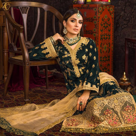 KY983-3 PC Velvet Embroidered Shirt With Organza Embroidered Dupatta