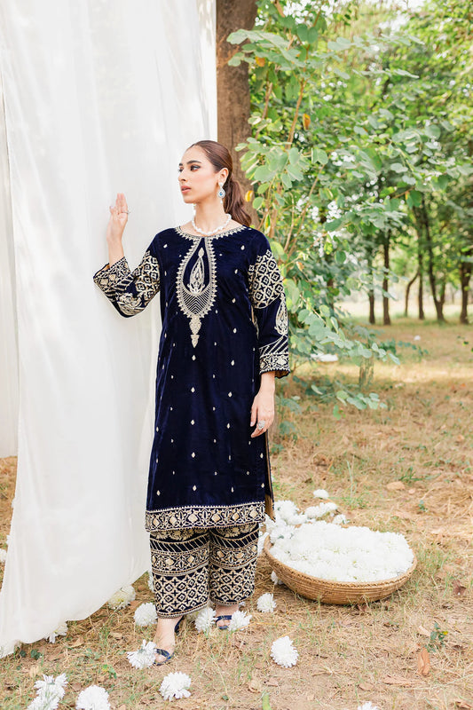 KY967-3PC Velvet Embroidered Dress With Velvet Embroidered Shawl