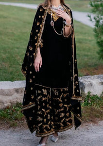 KY303 - Embroidered Velvet 3-Piece Dress with Velvet Shawl