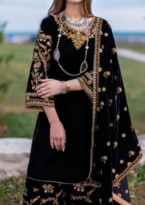 KY303 - Embroidered Velvet 3-Piece Dress with Velvet Shawl