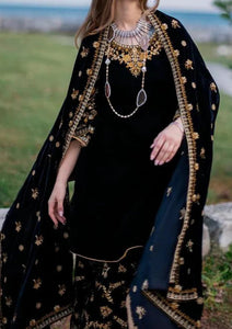 KY303 - Embroidered Velvet 3-Piece Dress with Velvet Shawl