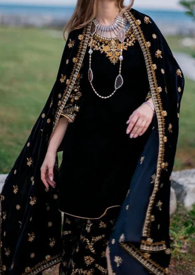KY303 - Embroidered Velvet 3-Piece Dress with Velvet Shawl