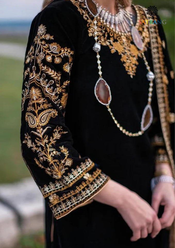 KY303 - Embroidered Velvet 3-Piece Dress with Velvet Shawl