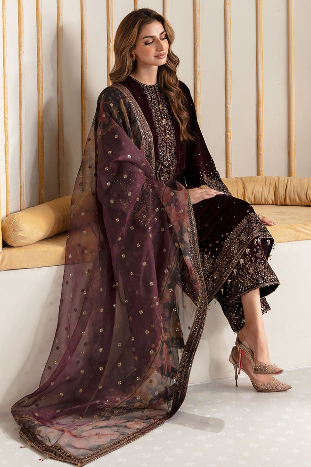 KY705 - Embroidered Velvet 3-Piece Dress with Organza Dupatta