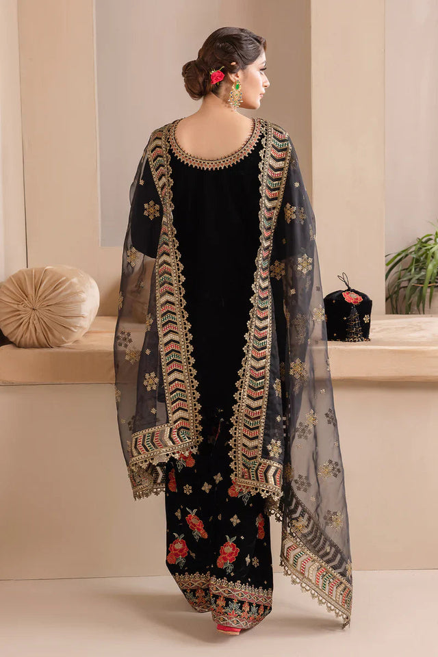 KY978-3PC Embroidered Velvet Dress With Organza embroidered Dopata