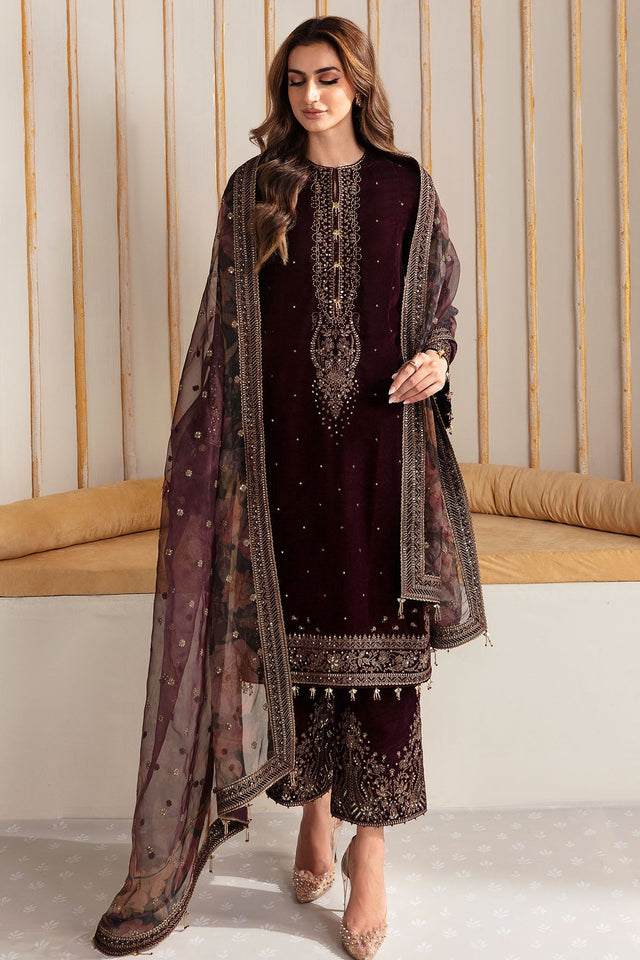 KY705 - Embroidered Velvet 3-Piece Dress with Organza Dupatta