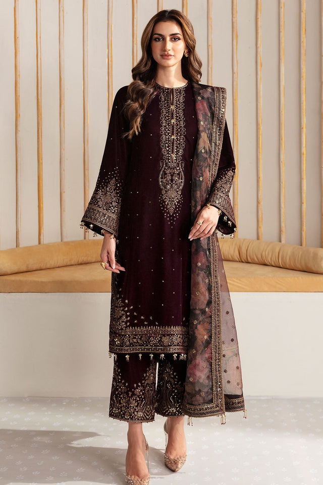 KY705 - Embroidered Velvet 3-Piece Dress with Organza Dupatta