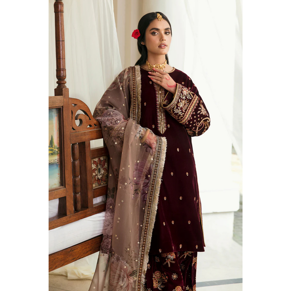 KY305 - Embroidered Velvet 3-Piece Dress with Organza Dupatta