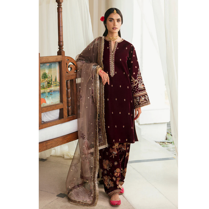 KY305 - Embroidered Velvet 3-Piece Dress with Organza Dupatta