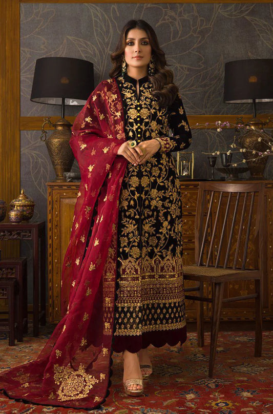 KY299 3PC Velvet Embroidered Shirt With Organza  Embroidered Dupatta