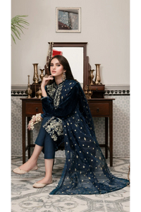 KY305 - Embroidered Velvet 3-Piece Dress with Embroidered Organza