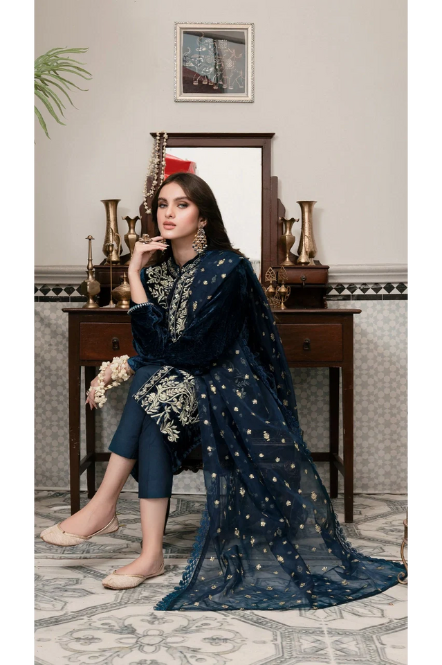 KY305 - Embroidered Velvet 3-Piece Dress with Embroidered Organza