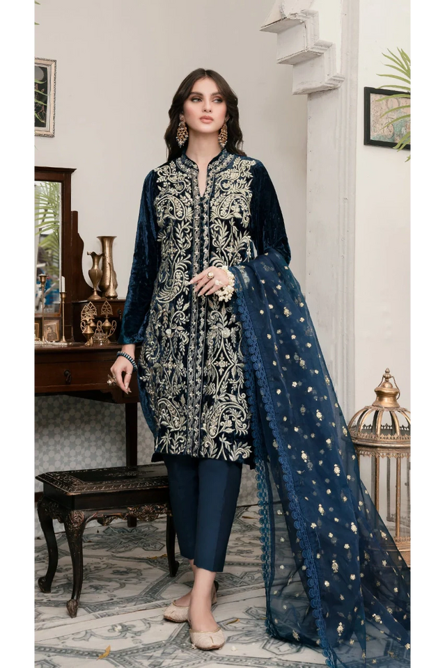 KY305 - Embroidered Velvet 3-Piece Dress with Embroidered Organza