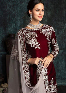 KY301 - Embroidered Velvet 3-Piece Dress with Organza Dupatta