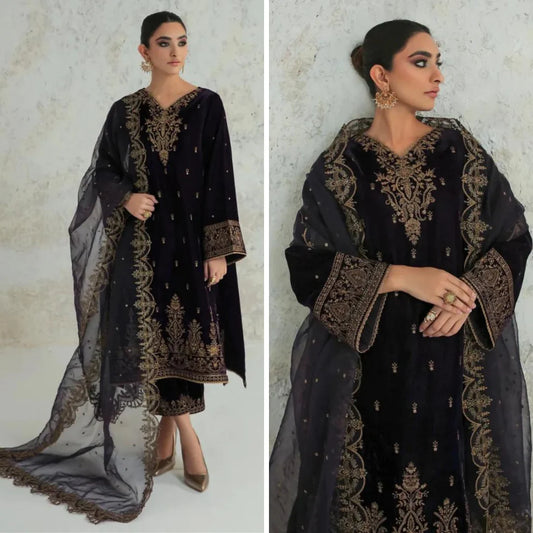 KY966-3PC Velvet Dress With Embroidered Organza Dupatta