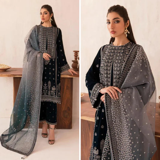 KY962-3PC Velvet Embroidered Dress With Embroidered Organza Dupatta