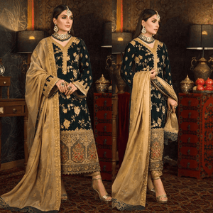 KY983-3 PC Velvet Embroidered Shirt With Organza Embroidered Dupatta