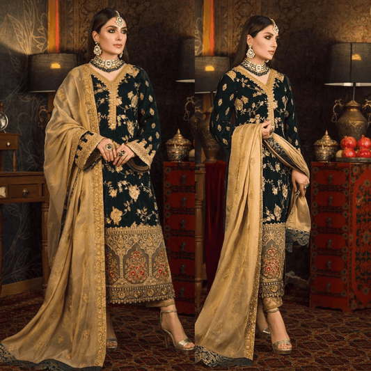 KY983-3 PC Velvet Embroidered Shirt With Organza Embroidered Dupatta
