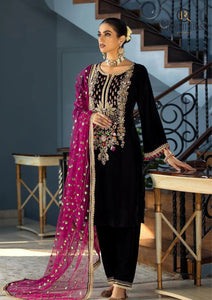 KY964-3PCs Velvet Dress With Embroidered Organza Dupatta