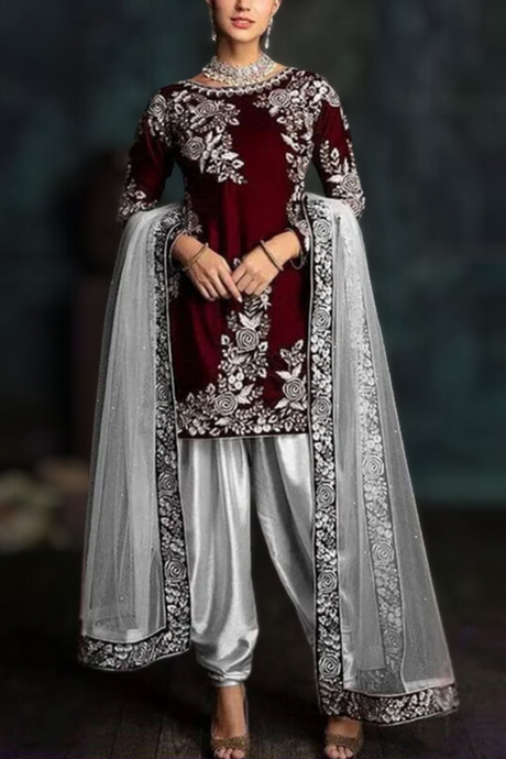 KY301 - Embroidered Velvet 3-Piece Dress with Organza Dupatta
