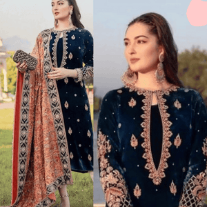 KY965-3PC Velvet Embroidered Dress With Dhanak Shawl