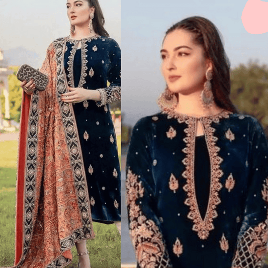 KY965-3PC Velvet Embroidered Dress With Dhanak Shawl