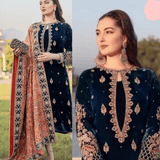 KY965-3PC Velvet Embroidered Dress With Dhanak Shawl