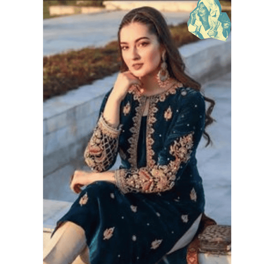 KY965-3PC Velvet Embroidered Dress With Dhanak Shawl