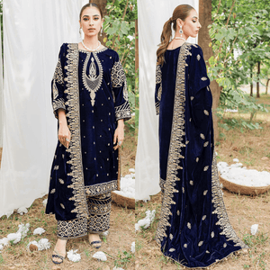 KY967-3PC Velvet Embroidered Dress With Velvet Embroidered Shawl