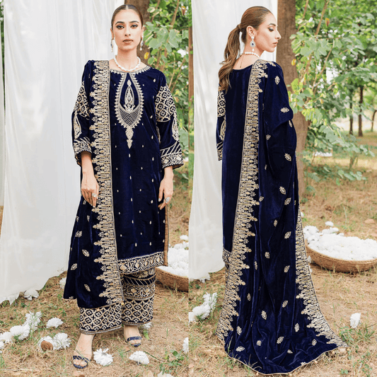 KY967-3PC Velvet Embroidered Dress With Velvet Embroidered Shawl