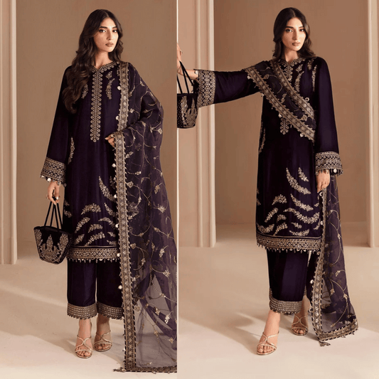 KY968-3PC Embroidered Velvet Dress With Shamooz Silk Trouser