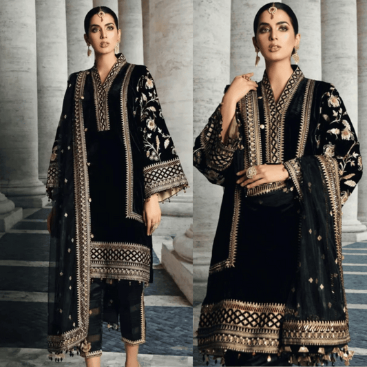 KY969-3PC Velvet Embroidered Dress With Organza Embroidered Shawl