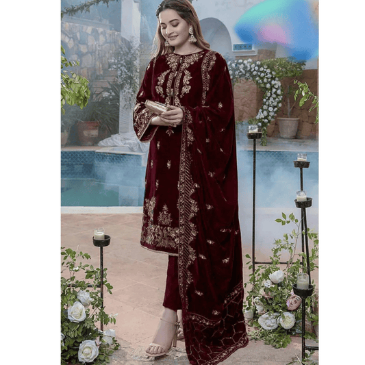KY970-3PC Embroidered Velvet Dress With Velvet Shawl