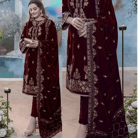 KY970-3PC Embroidered Velvet Dress With Velvet Shawl