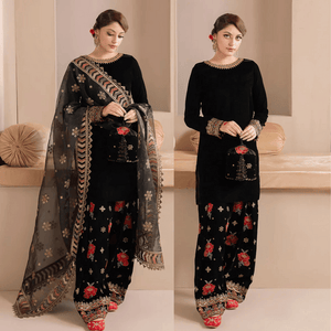 KY978-3PC Embroidered Velvet Dress With Organza embroidered Dopata