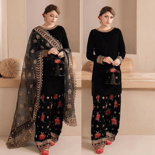 KY978-3PC Embroidered Velvet Dress With Organza embroidered Dopata
