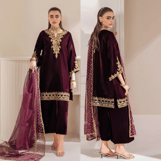 KY979-3 Piece Embroidered Velvet Dress