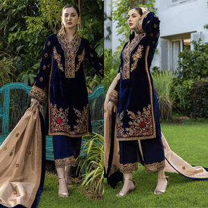 KY980-3 Piece Embroidered Velvet Dress