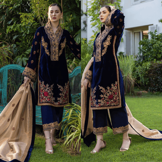 KY980-3 Piece Embroidered Velvet Dress