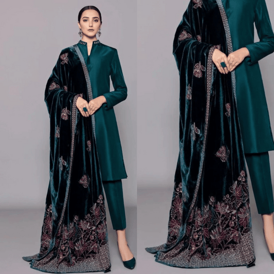 KY982- 3PC Shamoz Silk Dress Embroidered Velvet Shawl