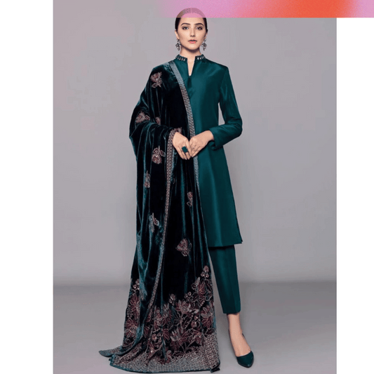 KY982- 3PC Shamoz Silk Dress Embroidered Velvet Shawl
