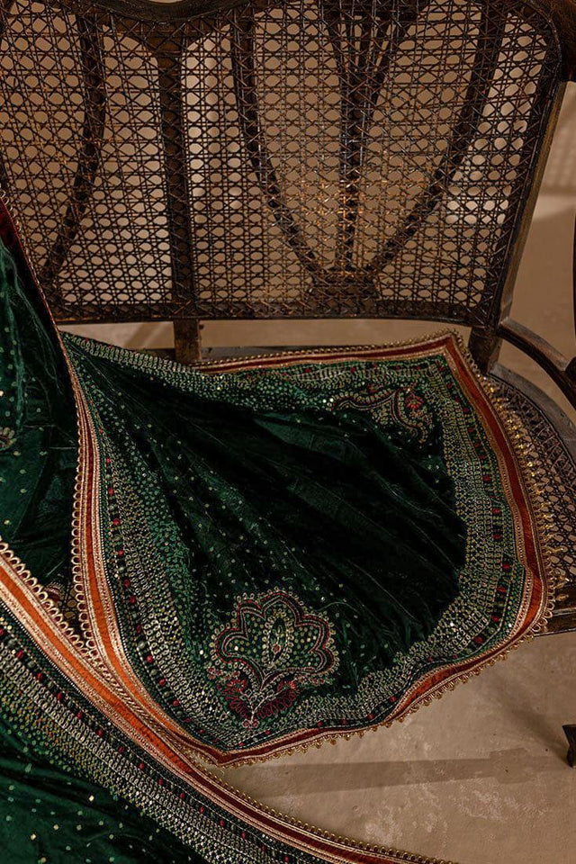 KY 974 GREEN-3piece Embroidered Velvet Dress