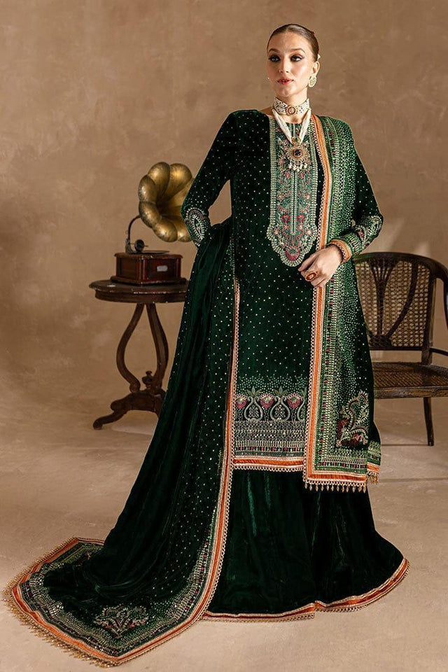 KY 974 GREEN-3piece Embroidered Velvet Dress