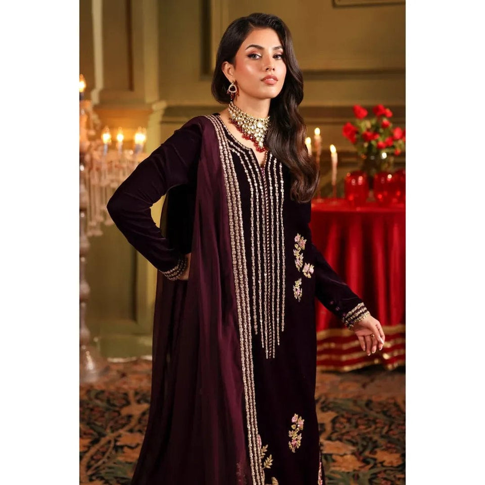 KY 1022-3PC Velvet Embroidered Dress With Embroidered Chiffon Dupatta